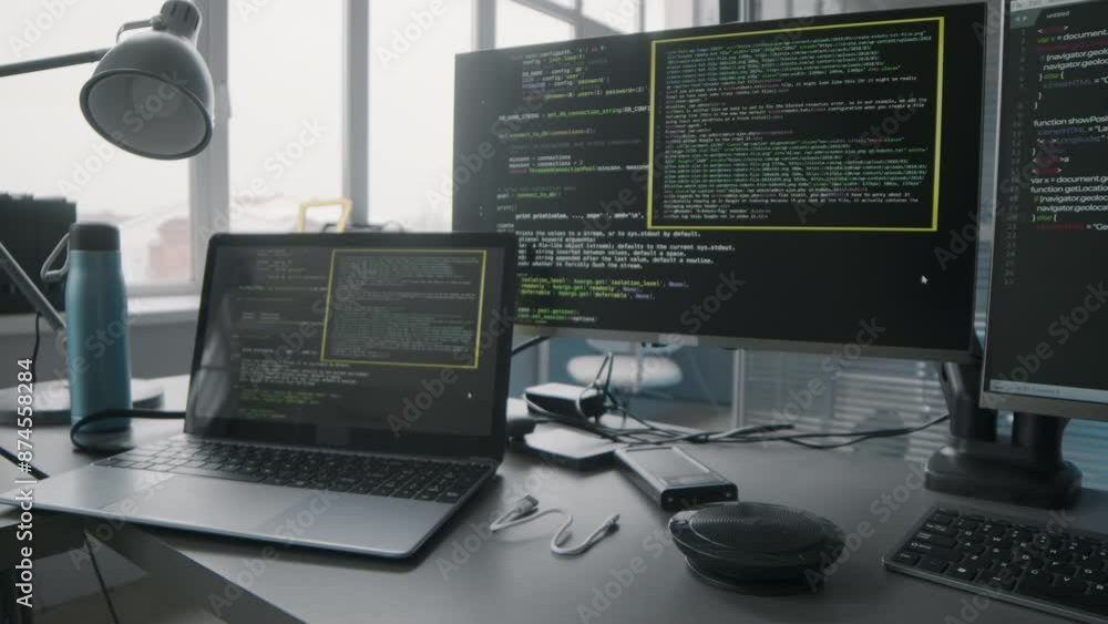 Wall mural no people shot of programming codes on black background at laptop and computer monitors on desk at m