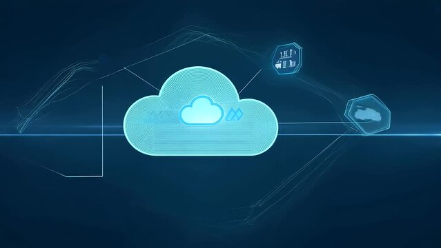 This video visually presents the concept of cloud and edge computing technology combined with a cybersecurity data protection system. Three large cloud icons prominently stand out on the righ