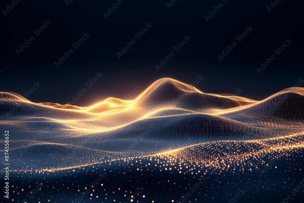 Poster futuristic and dynamic digital art of abstract waves with golden hues and dark background emphasizin