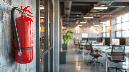 Close-up of a fire extinguisher mounted on a wall in a modern office, emphasizing workplace safety and preparedness.