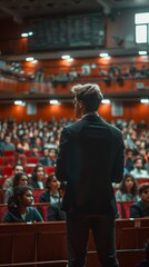 Speaker Addressing Audience in Auditorium. A professional speaker in a suit addressing a large audience in a well-lit auditorium, engaging and commanding attention.