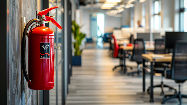 Fire extinguisher mounted on a wall in an office setting, showcasing the importance of safety measures in the workplace.
