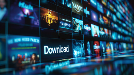 A high-tech, visually engaging interface for downloading multimedia content, featuring various digital media icons and a central "Download" label.
