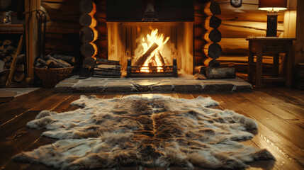 A warm and inviting log cabin interior featuring a roaring fireplace with a soft bear skin rug on the wooden floor, evoking a rustic and cozy atmosphere.
