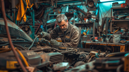 A dedicated mechanic working under the hood of a truck in a well-equipped garage, highlighting the expertise and hard work in vehicle maintenance and repair.