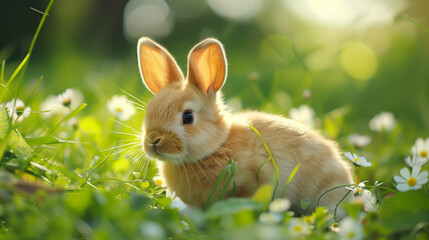 Fototapeta premium A cute rabbit with soft fur and big eyes sitting calmly in a grassy meadow, surrounded by delicate white flowers, embodying the essence of spring and innocence.