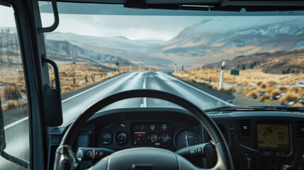 View from inside a truck cabin, showcasing the dashboard and steering wheel, with a scenic open road and mountains visible through the windshield,symbolizing travel,freedom, and the trucking lifestyle