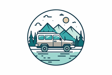  T-shirt art design , hand drawing of a camping suv ,with a Pond in the background vector illustration