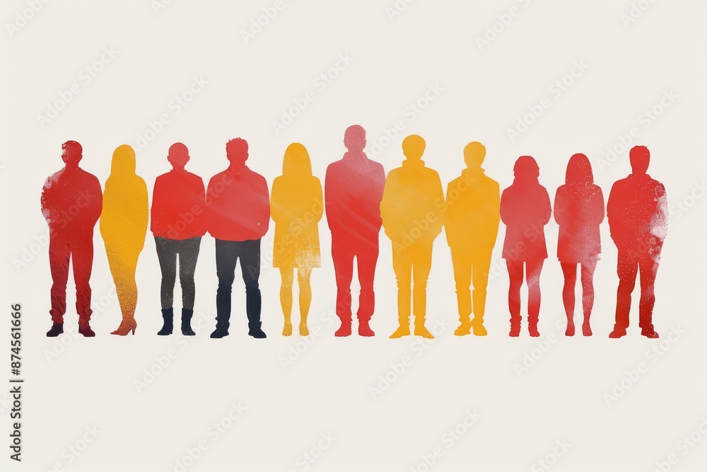 Poster creative and abstract digital art of diverse silhouettes in red and yellow hues with gradient backgr