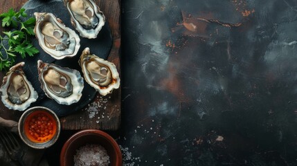 Horizontal banner. National Oyster Day. Fresh oysters with salt, pepper on ice on a black background, slate texture. Free space for text. For menus, posters, banners, flyers, restaurant design