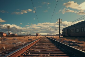 Fototapeta premium Vintage train car sits beside old railroad tracks under a vast, cloudy sky in a desolate landscape