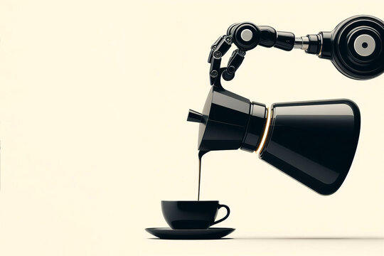 3d rendering of robot hand pouring coffee from coffee pot into cup