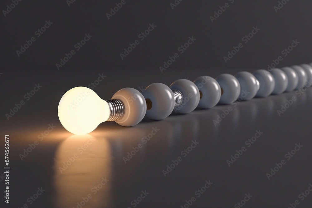 Poster the image shows a row of light bulbs on a dark background, where one light bulb shines, creating a b