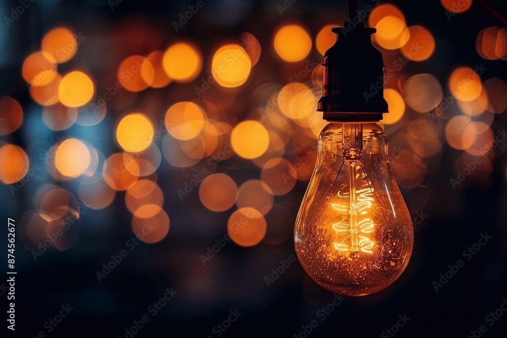 Poster light bulb that glows against the background of numerous blurred light points creating a bokeh effec