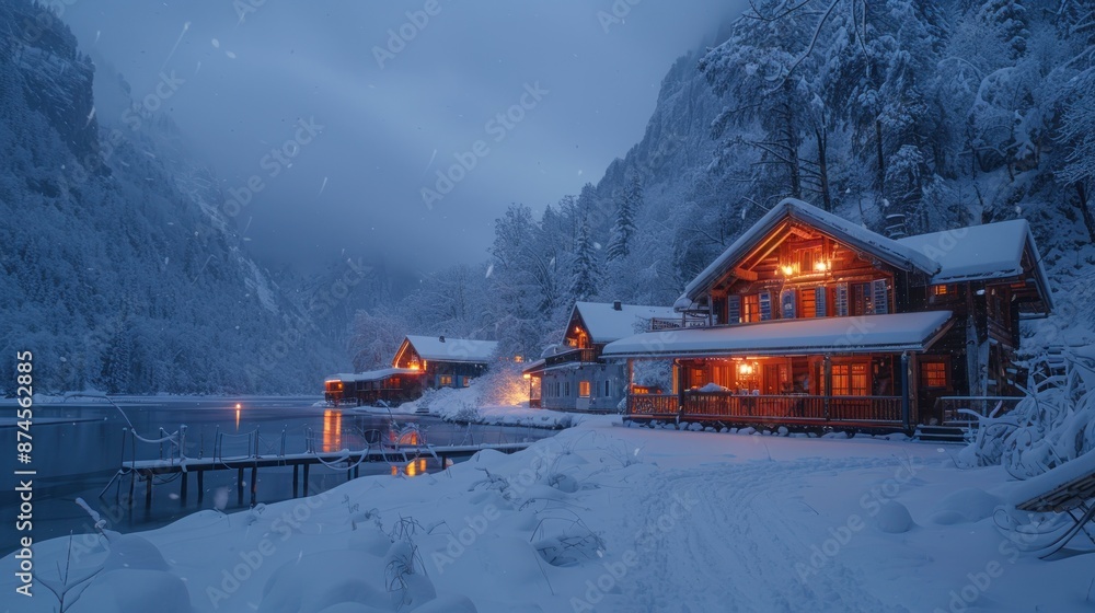 Sticker Snowy Cabin by the Lake