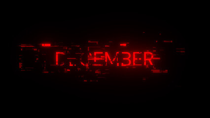 3D rendering December text with screen effects of technological glitches