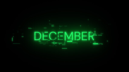 3D rendering December text with screen effects of technological glitches