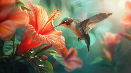 Fototapeta premium Vibrant image of a hummingbird feeding on a hibiscus flower with soft bokeh background, showcasing nature's exquisite beauty.