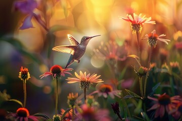 A beautiful hummingbird hovers near vibrant flowers in a sunlit garden, showcasing nature's delicate beauty at golden hour.