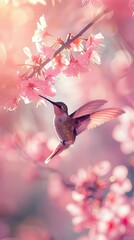 A beautiful hummingbird hovers near vibrant, pink cherry blossoms in a serene and dreamy spring setting.