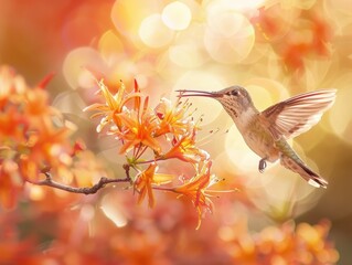 Fototapeta premium A beautiful hummingbird hovering near vibrant orange flowers with a dreamy bokeh background on a sunny day.