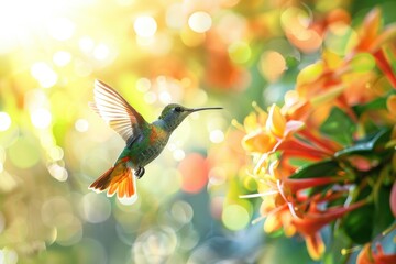 Fototapeta premium Beautiful hummingbird flying near vibrant flowers in sunlight, capturing the essence of nature's beauty and colorful springtime serenity.