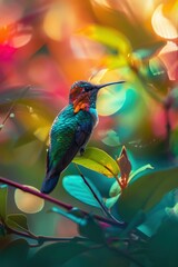 Fototapeta premium Colorful hummingbird perched on a branch with a vibrant, bokeh background of nature and sunlight.