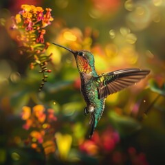Fototapeta premium Vibrant green hummingbird feeding from colorful flower in a lush garden with sunlight and bokeh effect.