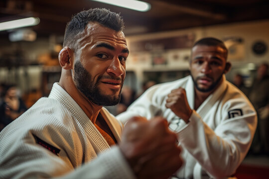 Two men in white judogi train Brazilian jiu jitsu in a gym. They are in a martial arts class. - Powered by Adobe