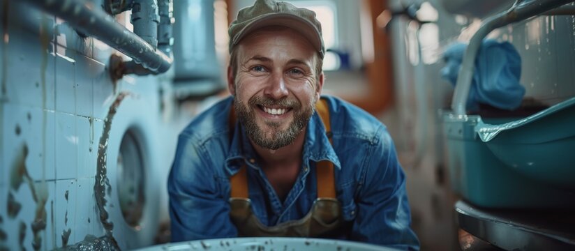Smiling plumber in denim shirt and cap working under a sink. Indoor profession photography. Plumbing and handyman service concept. Banner with copy space