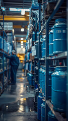 Industrial Warehouse Storage of Chemical Drums in a Blue Hue