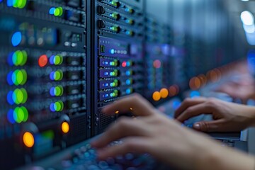 Data Center Programmer Using Digital Laptop Computer, Maintenance IT Specialist. Cloud Computing Server Farm System Administrator Working on Cyber Security 