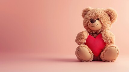 A cute cartoon teddy bear hugging a heart, with a sweet smile, on a light pink background 