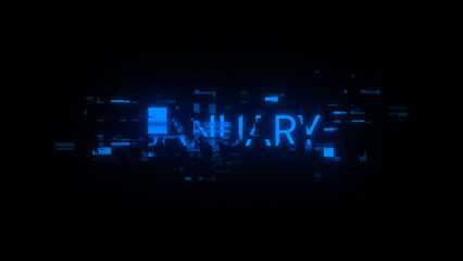 3D rendering January text with screen effects of technological glitches