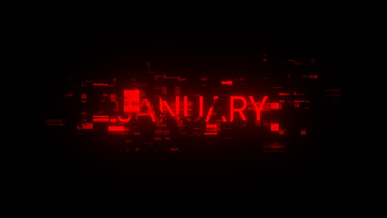 3D rendering January text with screen effects of technological glitches