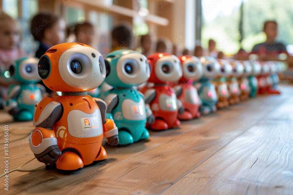 Poster row of colorful toy robots lined up on a wooden floor with children in the background. studio produc