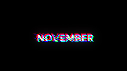 3D rendering November text with screen effects of technological glitches