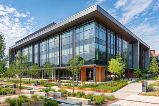A modern, three-story office building with large windows, surrounded by landscaped gardens and a small seating area in the front
