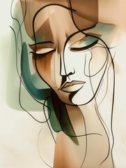  Modern abstract watercolor art that portrays the serene face of a woman, delicately rendered with flowing lines and subtle hues of beige, brown and green.