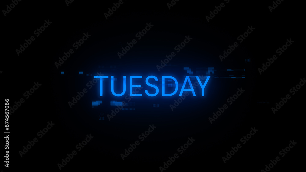 Poster 3d rendering tuesday text with screen effects of technological glitches