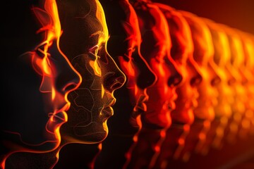 Futuristic and dynamic digital art of female profiles with neon lighting, emphasizing modern technology and connection