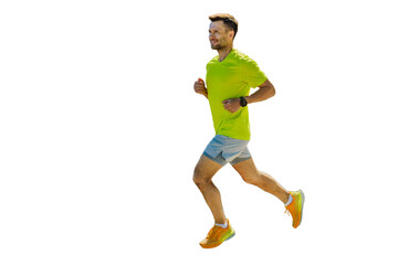 A male athlete is running in training shoes and a T-shirt, with a cut-out background.