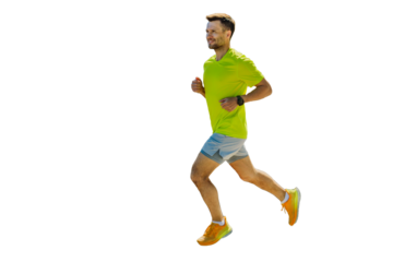 A male athlete is running in training shoes and a T-shirt, with a cut-out background.
