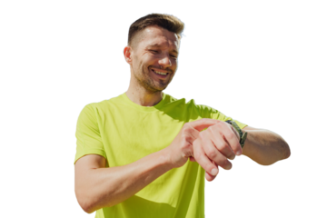 Uses a fitness watch male athlete watches workout time in a fitness app, cut out background