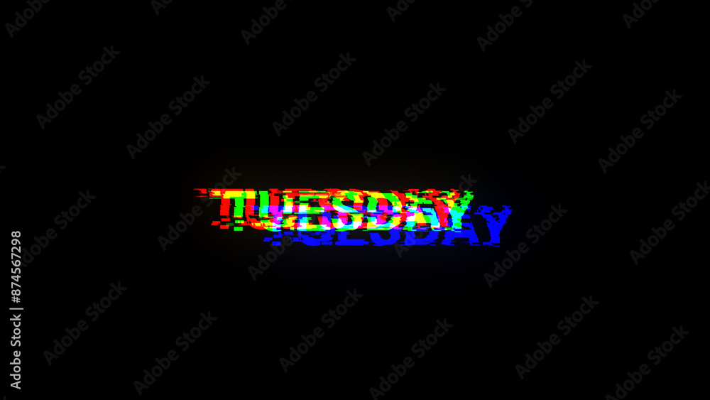 Poster 3d rendering tuesday text with screen effects of technological glitches