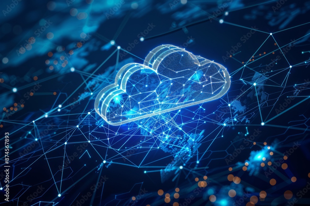 Aufkleber data transfer cloud computing technology concept. there is a large prominent cloud icon in the cente