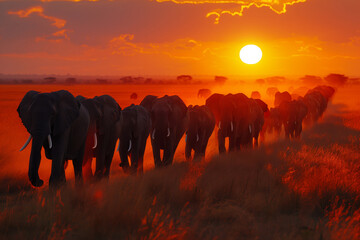Fototapeta premium African Elephant Herd Silhouette Against Sunset