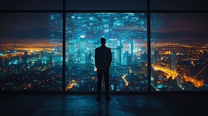 Fototapeta premium An individual observing a vibrant city at night through a panoramic window overlaid with holographic data visualizations. The scene conveys themes of innovation, analytics, and urban development