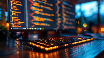 A programmer's desk featuring multiple monitors filled with colorful lines of code. The workspace is warmly lit by string lights, providing a cozy environment for software development.