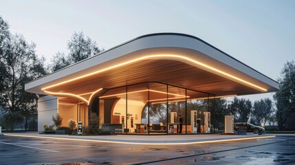 Obraz premium Modern gas station with a sleek canopy and a minimalist design, set against a clear sky, emphasizing contemporary architecture and functionality